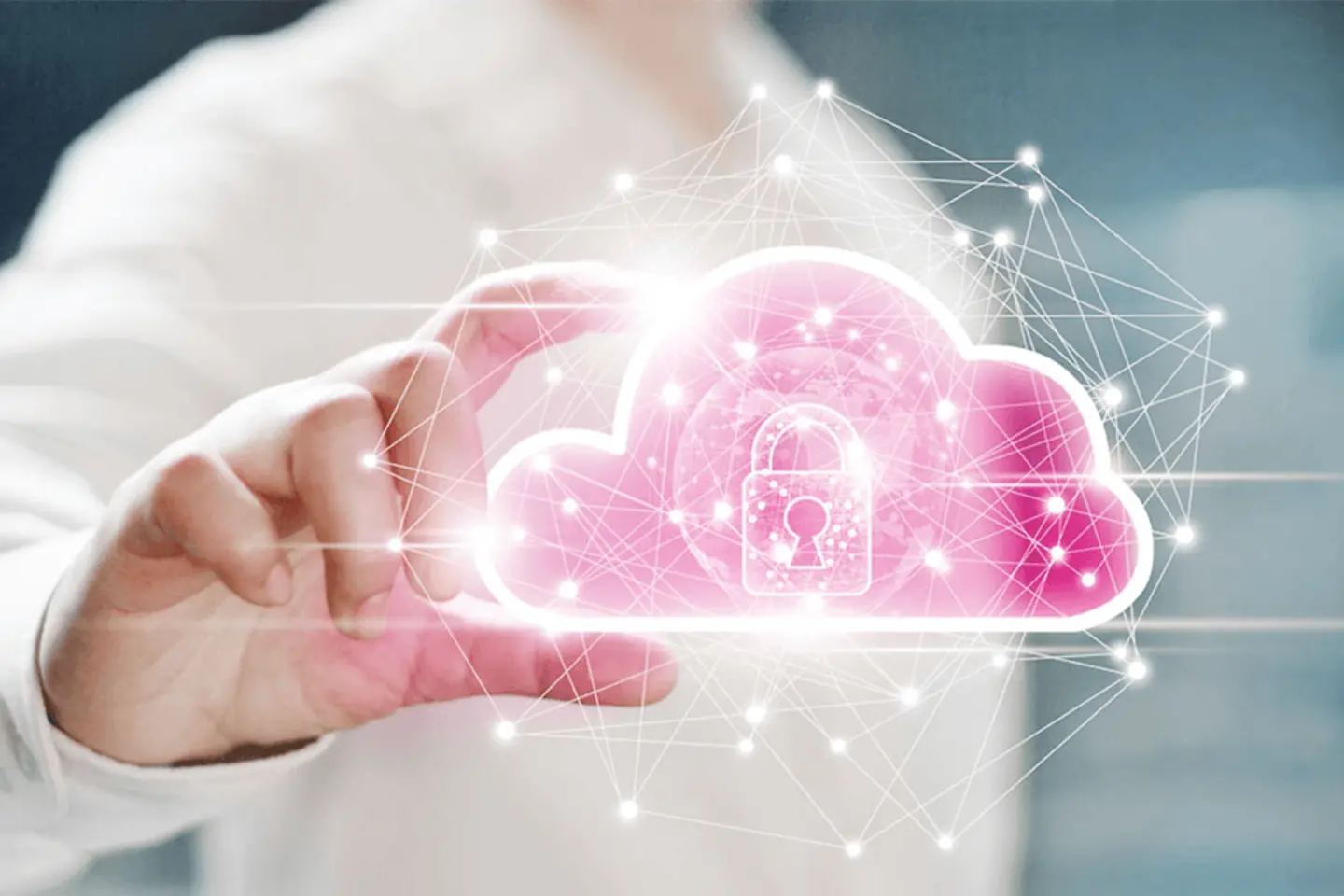 Hand of a businessman holds cloud with security symbol