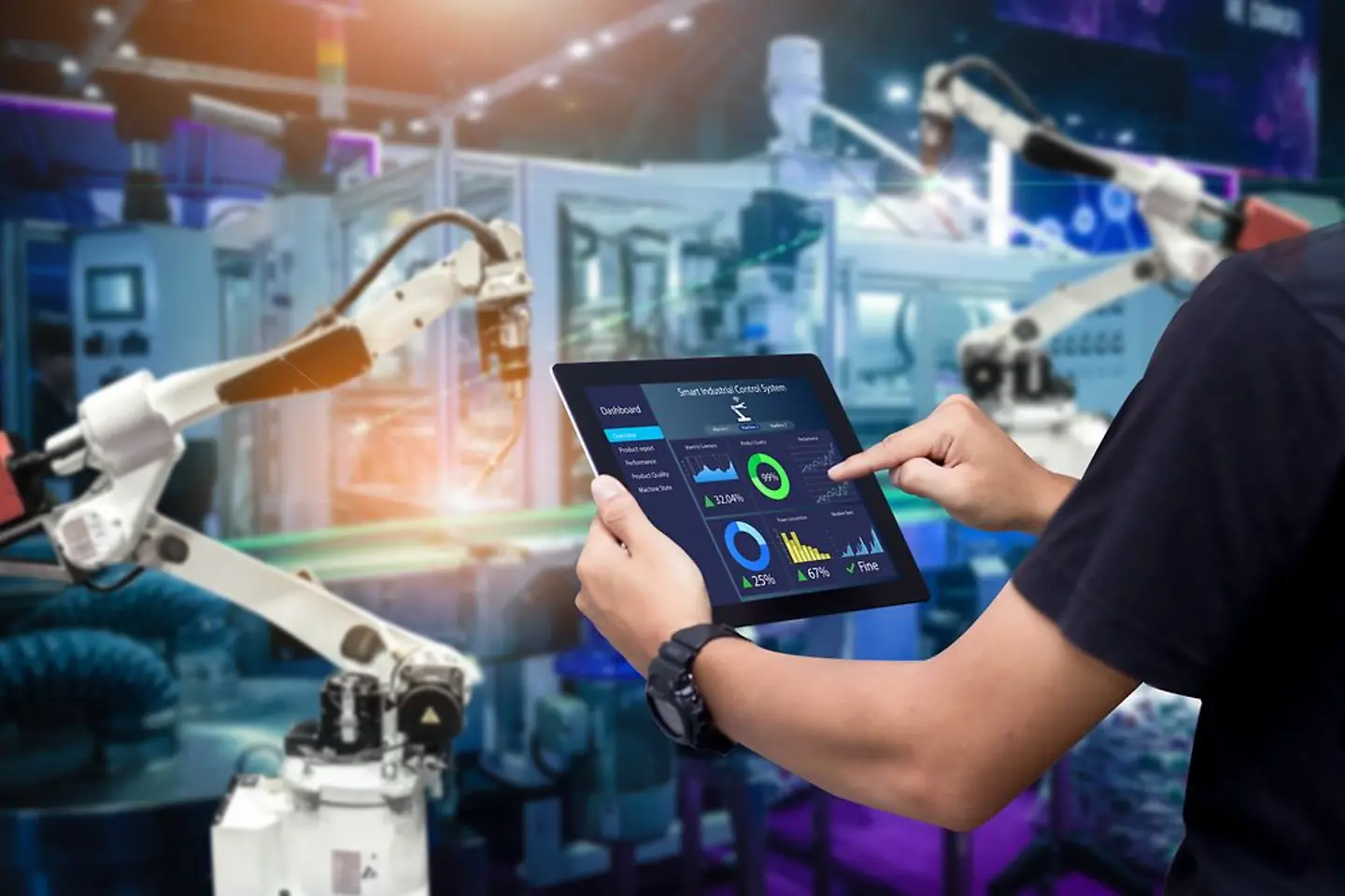 Un ingeniero trabajando con IA en una tablet