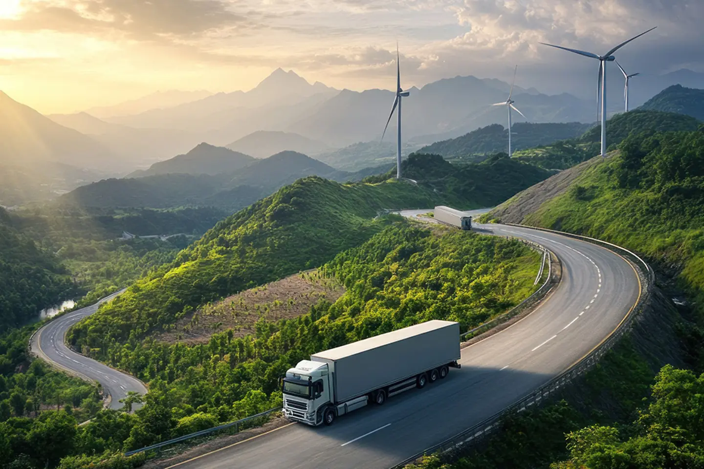  Sustainable Transportation: Truck on Scenic Mountain Road with Wind Turbines