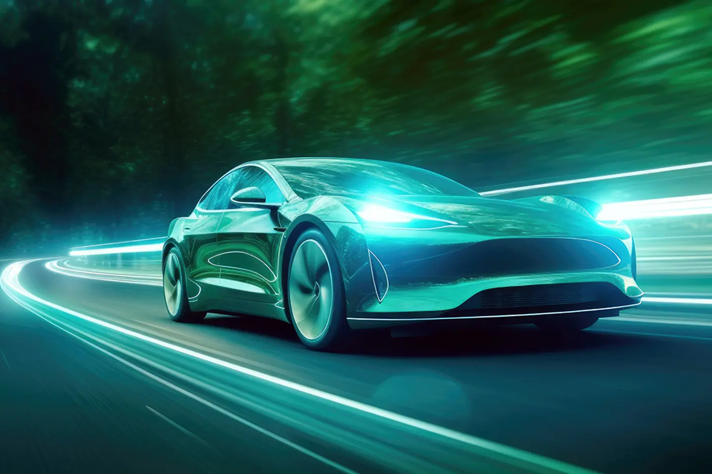 AI-generated image - Green luminous sportscar driving on a road, AI generated image