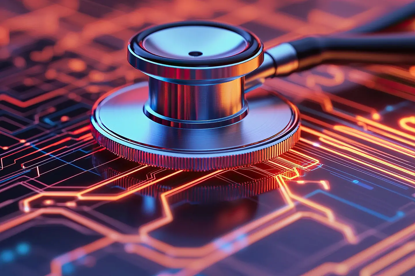 A stethoscope on a glowing digital display