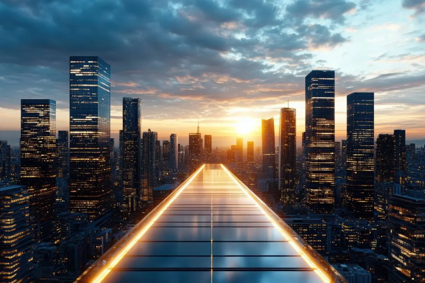 Urban skyline at sunset with modern skyscrapers and energy solutions