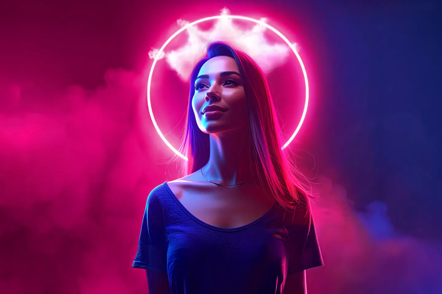 AI-generated image - Young woman wearing a magenta crown made of clouds, AI generated image
