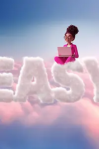 Imagen generada por IA - Mujer con traje color magenta y laptop, sentada en las nubes, texto «Easy», imagen generada por IA