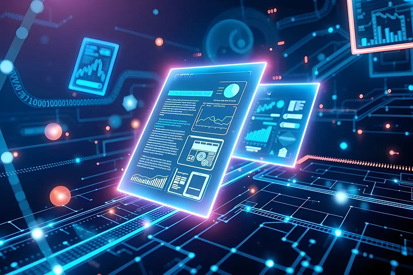KI-generiertes Bild - Futuristische Darstellung schwebender digitaler Dashboards mit Diagrammen und Daten in leuchtenden Blau- und Neontönen.