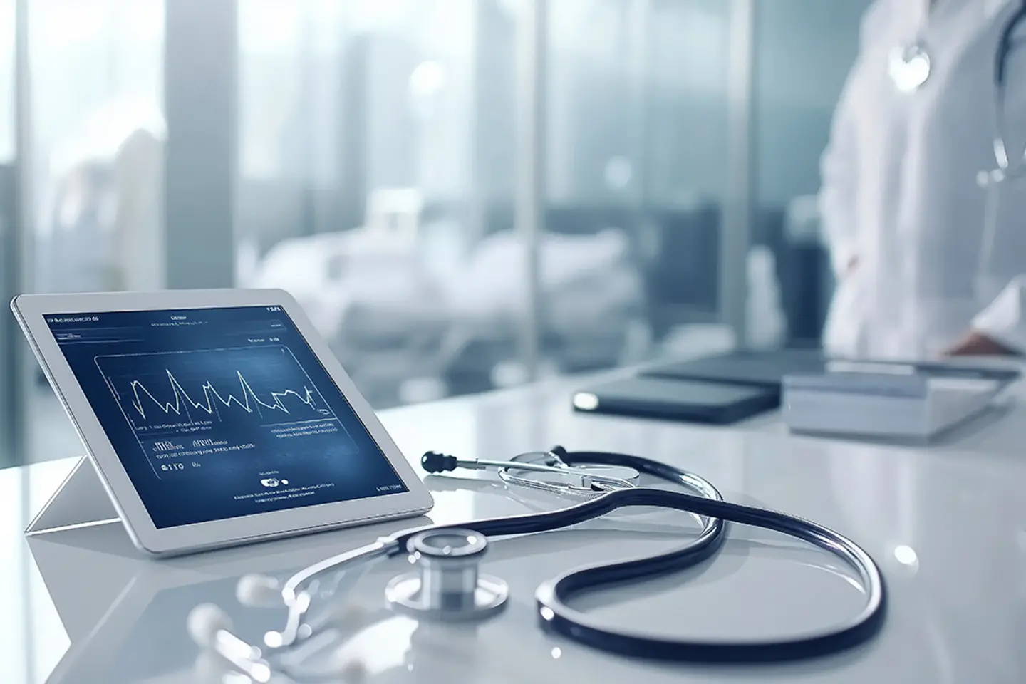AI-generated image - Stethoscope, tablet displaying medical data, hospital reception desk, modern sleek design