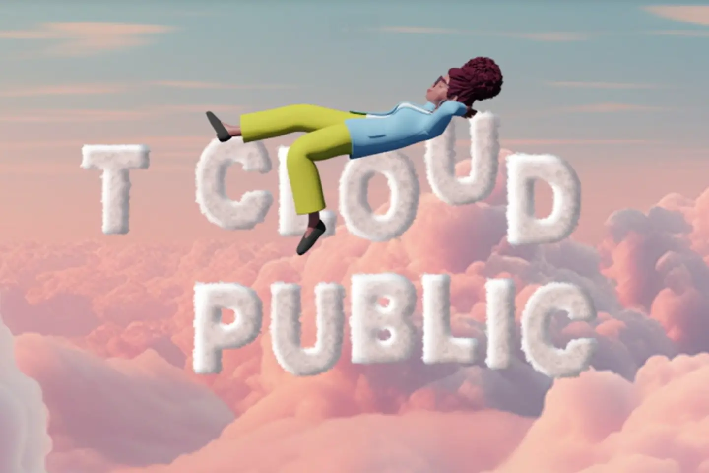 Door AI gegenereerde afbeelding - Cartoon-Frau liegt auf Wolken-Schriftzug "T Cloud Public"