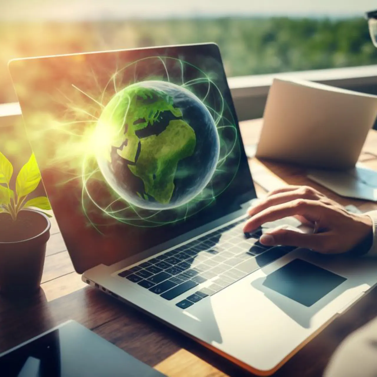 Businessman working on laptop outside, on screen a green earth. 