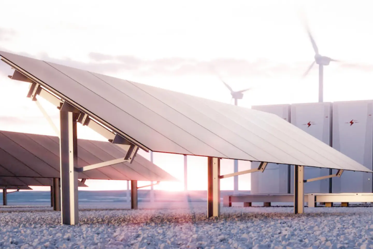 Paneles solares, un sistema modular de almacenamiento en baterías y un sistema de turbina eólica