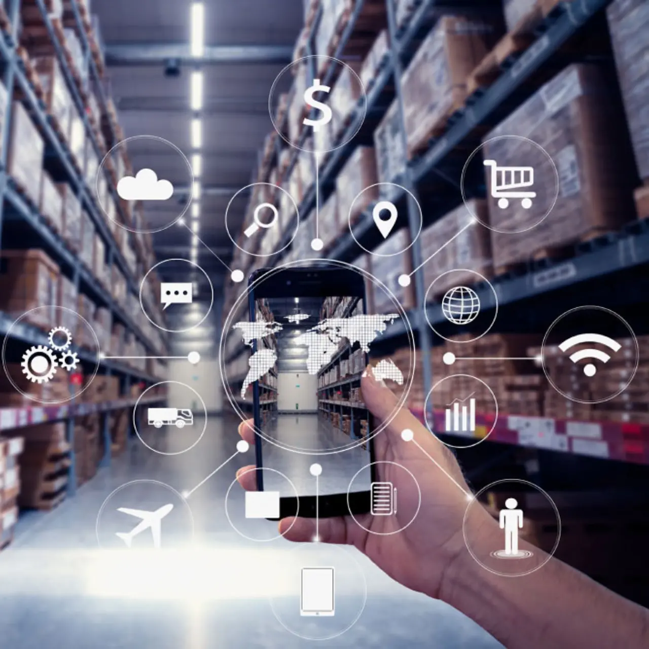 A hand holds a smartphone surrounded by icons in a warehouse
