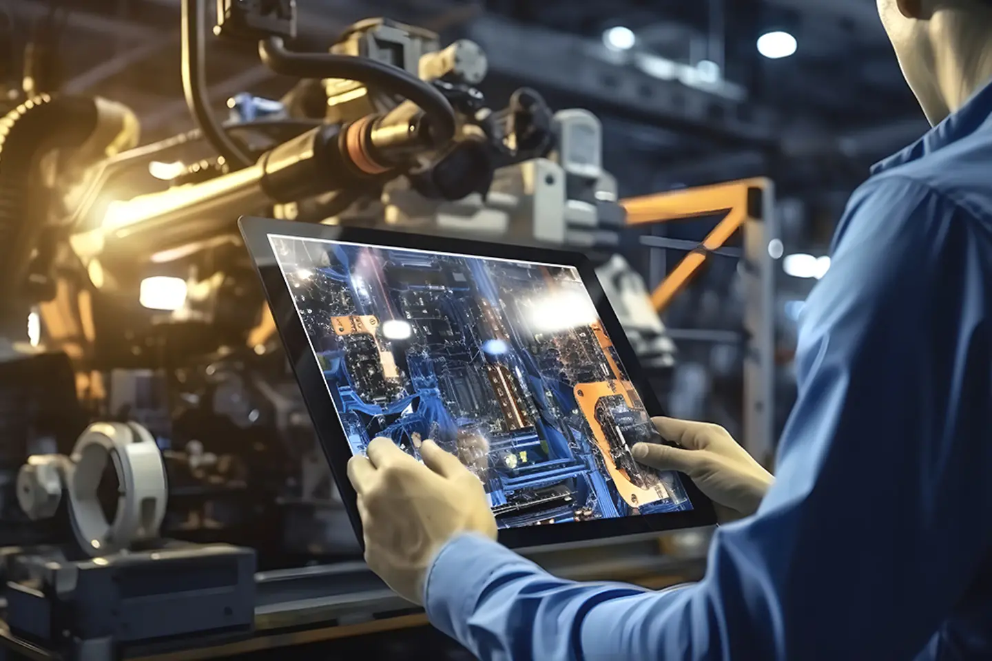Engenheiro usando um tablet com software para monitorar uma máquina em tempo real