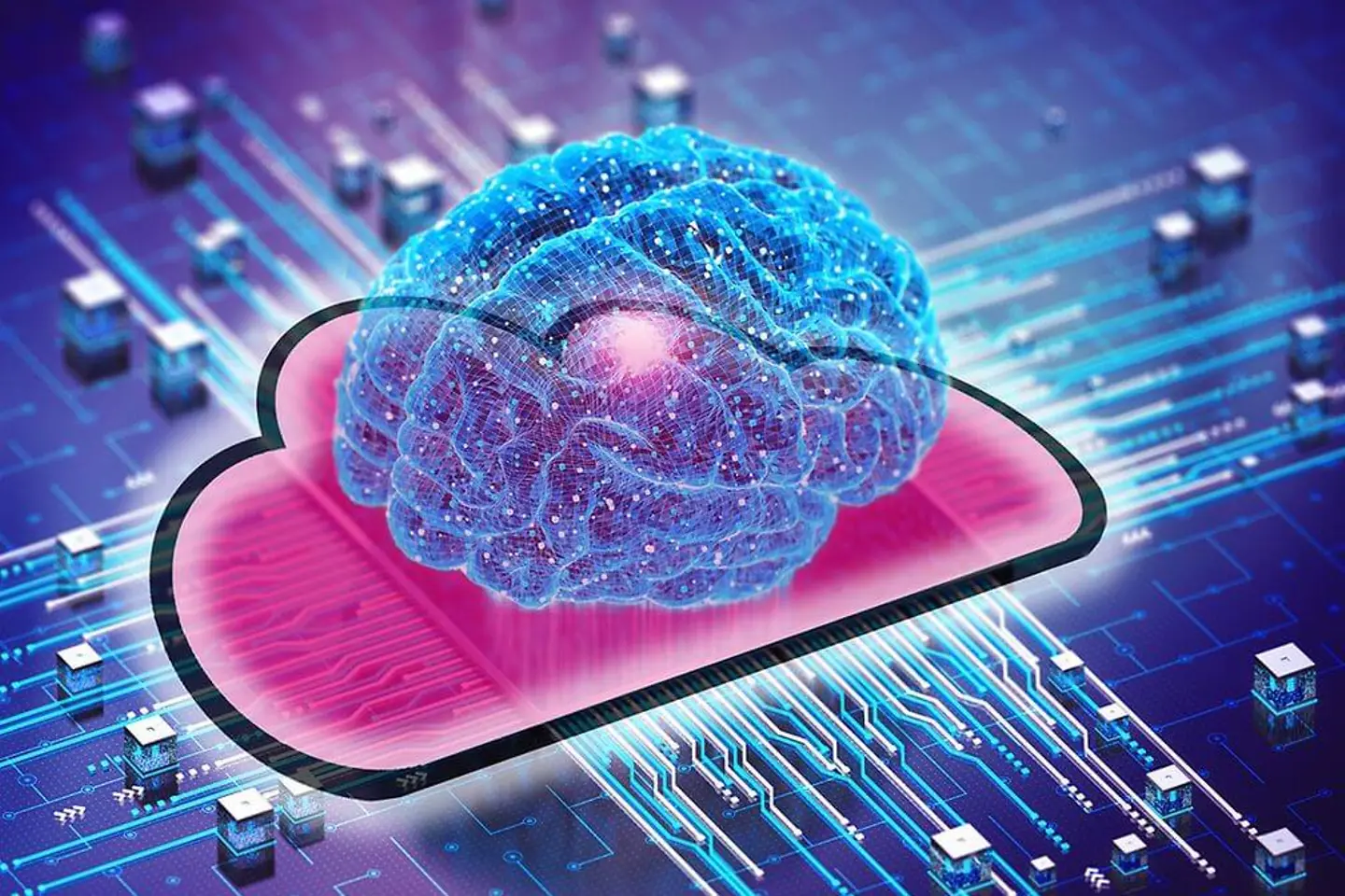 digitaal brein op een magenta schematische wolk en printplaat